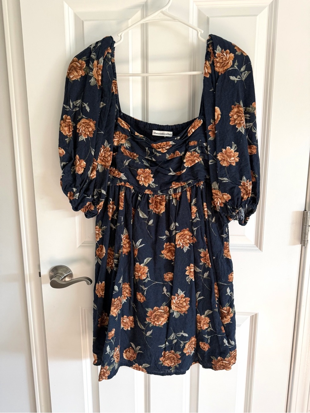 Abercrombie & Fitch Navy Floral Puff-Sleeve Mini Dress - Size Medium